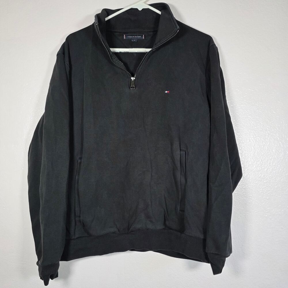 Tommy Hilfiger Quarter Zip Pullover Sweater Black Mens L Cotton